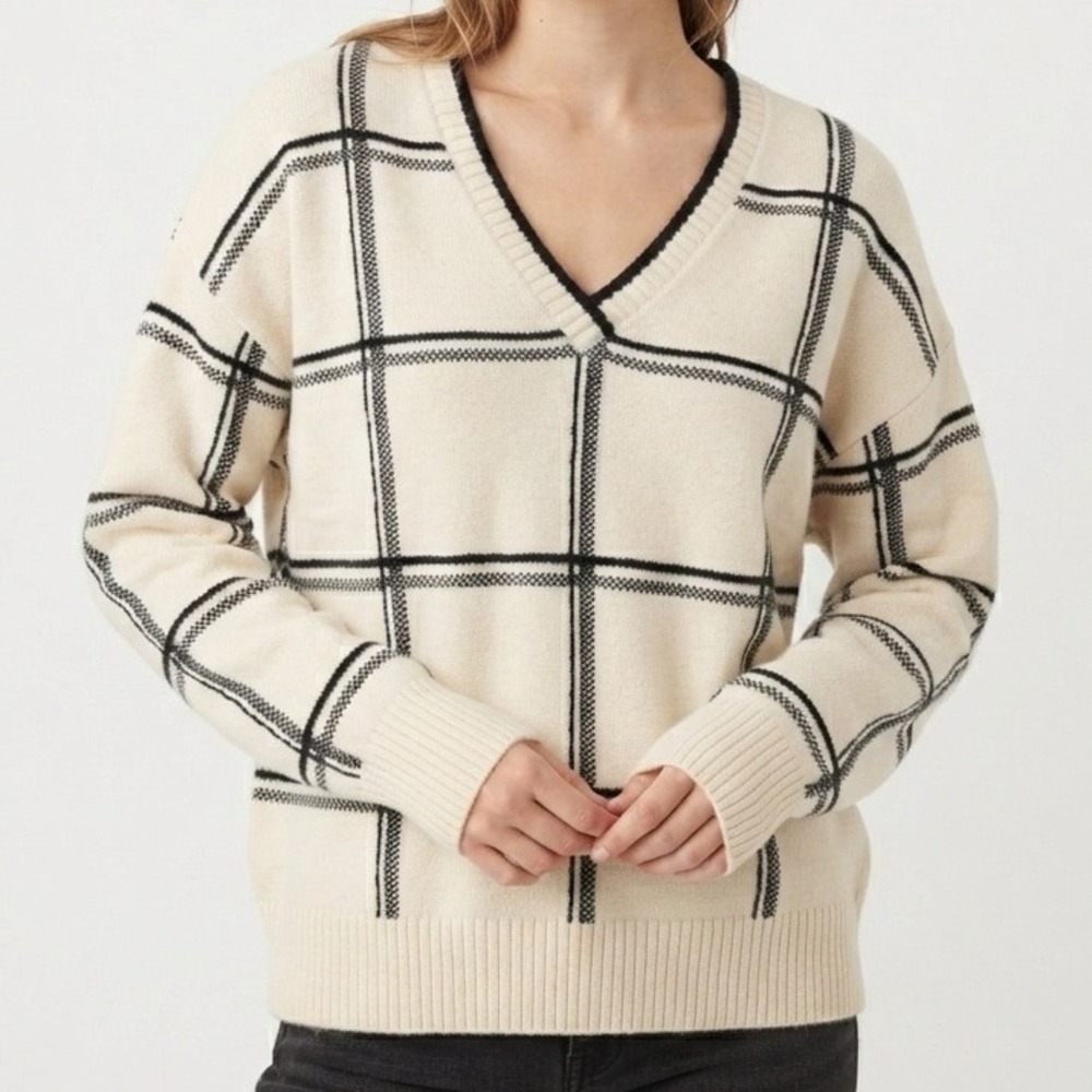 Anthropologie Moth Windowpane Plaid Sweater Womens Medium Cream Knit Pullover